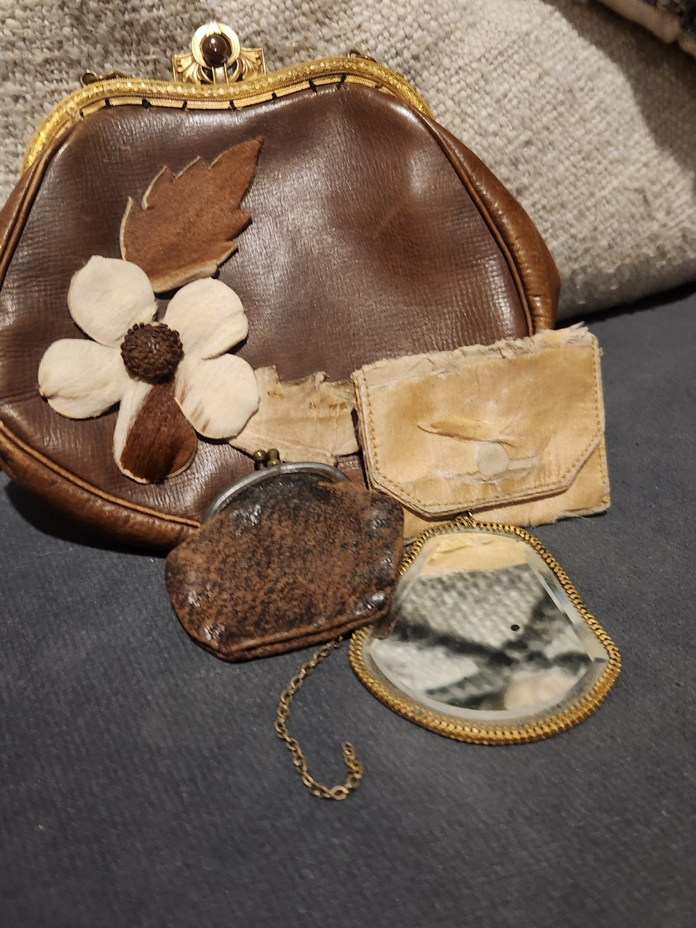 Brown Leather Floral Accent Coin Purse with Patchwork Pouches